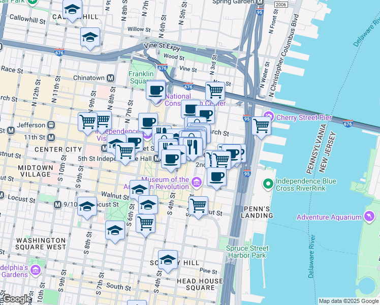 map of restaurants, bars, coffee shops, grocery stores, and more near 21 North 4th Street in Philadelphia