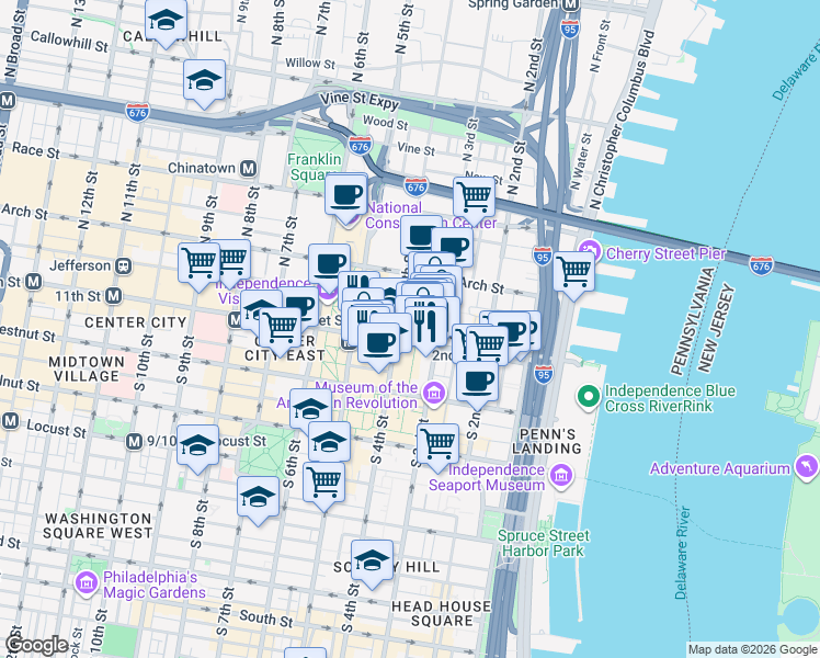map of restaurants, bars, coffee shops, grocery stores, and more near 21 North 4th Street in Philadelphia