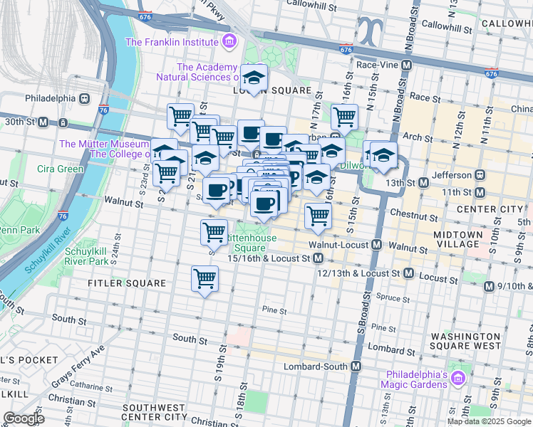 map of restaurants, bars, coffee shops, grocery stores, and more near 111 South 18th Street in Philadelphia