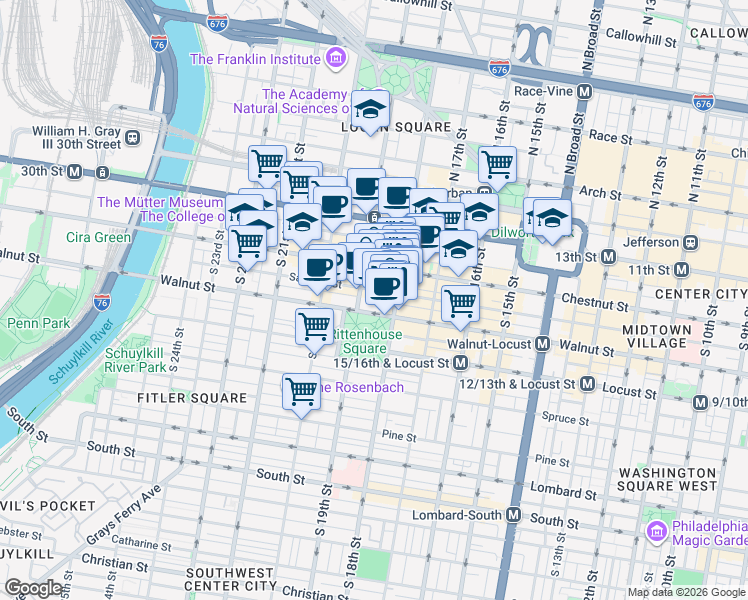 map of restaurants, bars, coffee shops, grocery stores, and more near 2052 Locust Street in Philadelphia