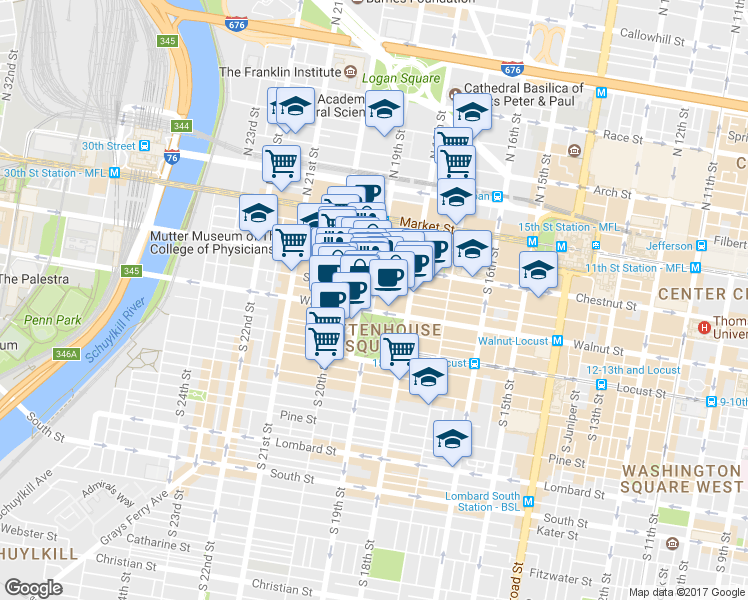 map of restaurants, bars, coffee shops, grocery stores, and more near 124-26 South 19th Street in Philadelphia