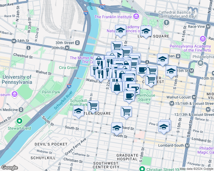 map of restaurants, bars, coffee shops, grocery stores, and more near in Philadelphia