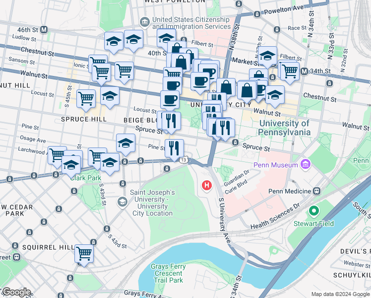 map of restaurants, bars, coffee shops, grocery stores, and more near 3907 Pine Street in Philadelphia