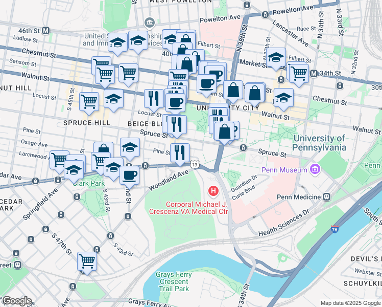 map of restaurants, bars, coffee shops, grocery stores, and more near 3940 Delancey Street in Philadelphia
