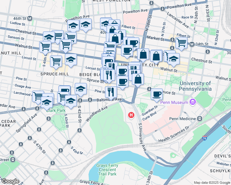 map of restaurants, bars, coffee shops, grocery stores, and more near 3940 Delancey Street in Philadelphia