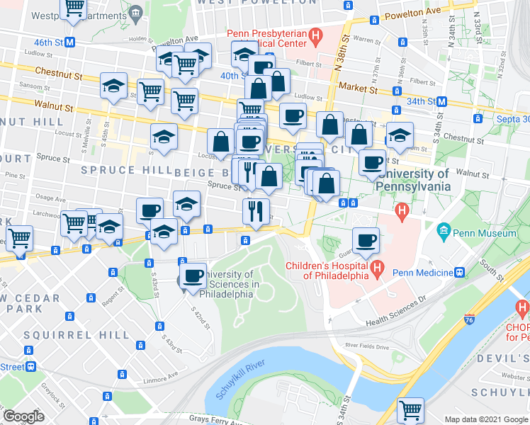 map of restaurants, bars, coffee shops, grocery stores, and more near 3940 Delancey Street in Philadelphia