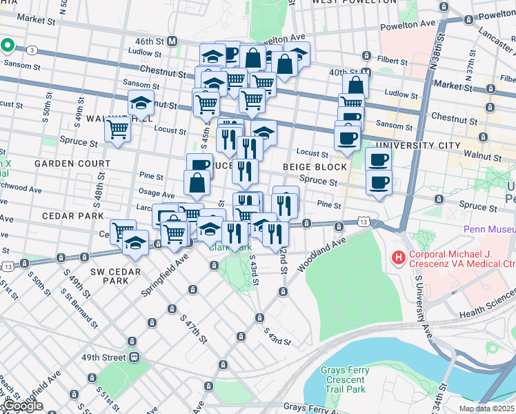 map of restaurants, bars, coffee shops, grocery stores, and more near 4237 Osage Avenue in Philadelphia