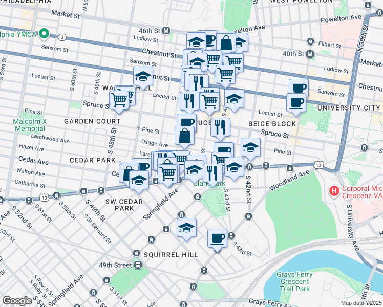 map of restaurants, bars, coffee shops, grocery stores, and more near 4428 Pine Street in Philadelphia