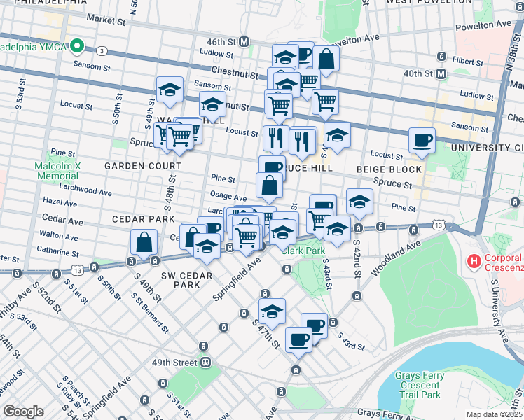 map of restaurants, bars, coffee shops, grocery stores, and more near 416 South 45th Street in Philadelphia