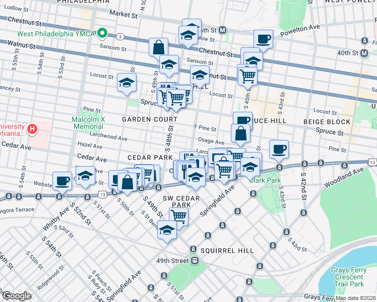 map of restaurants, bars, coffee shops, grocery stores, and more near 4725 Larchwood Avenue in Philadelphia