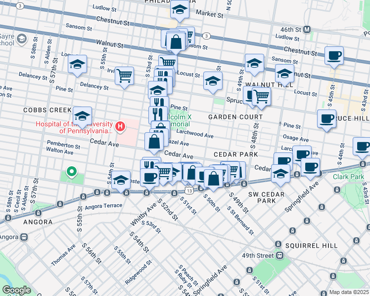 map of restaurants, bars, coffee shops, grocery stores, and more near 5104 Hazel Avenue in Philadelphia