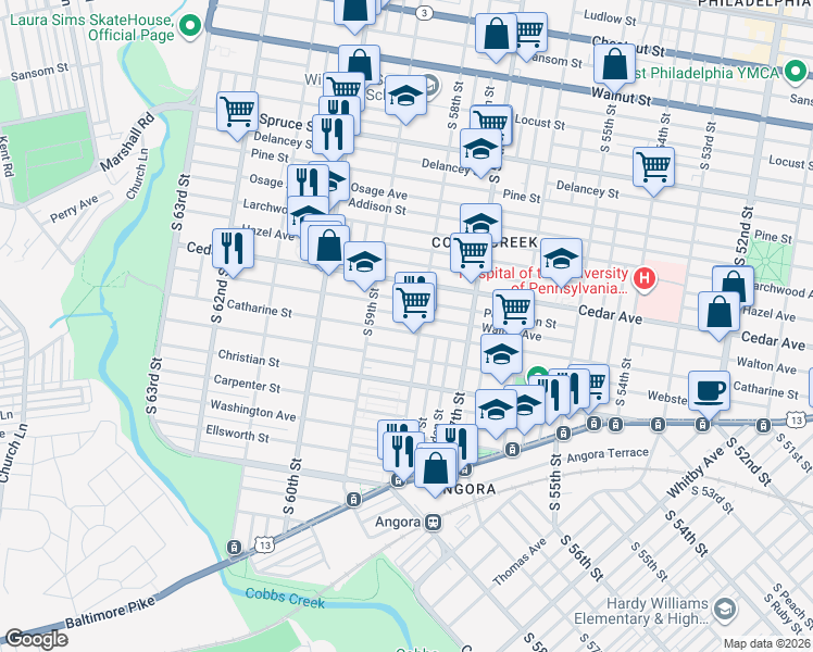 map of restaurants, bars, coffee shops, grocery stores, and more near 5834 Walton Avenue in Philadelphia