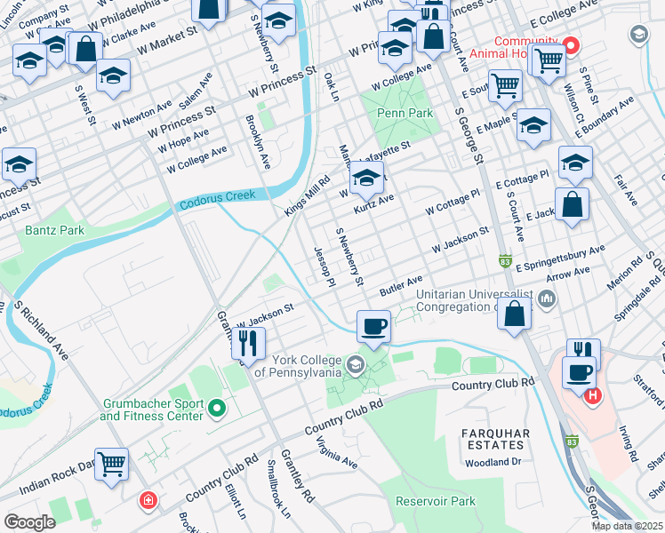 map of restaurants, bars, coffee shops, grocery stores, and more near 338 West Cottage Place in York