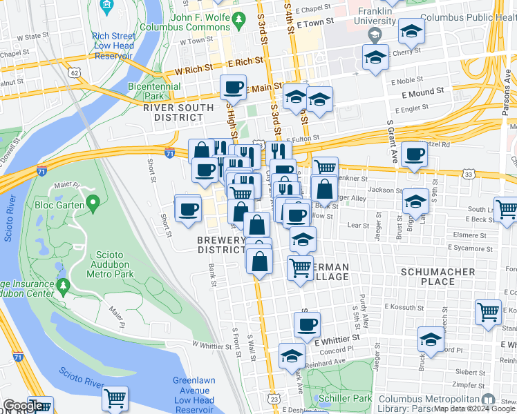 map of restaurants, bars, coffee shops, grocery stores, and more near 550 South High Street in Columbus