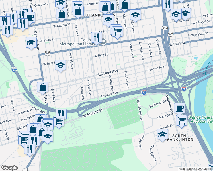 map of restaurants, bars, coffee shops, grocery stores, and more near 1083 Bellows Avenue in Columbus