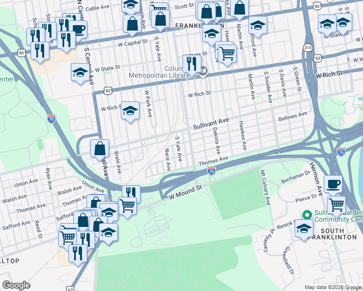 map of restaurants, bars, coffee shops, grocery stores, and more near 1134 Bellows Avenue in Columbus