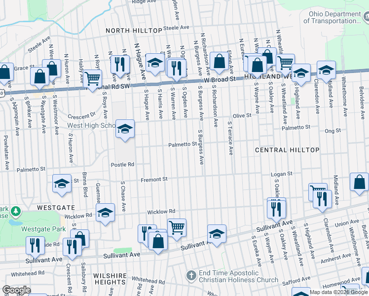 map of restaurants, bars, coffee shops, grocery stores, and more near 192 South Ogden Avenue in Columbus