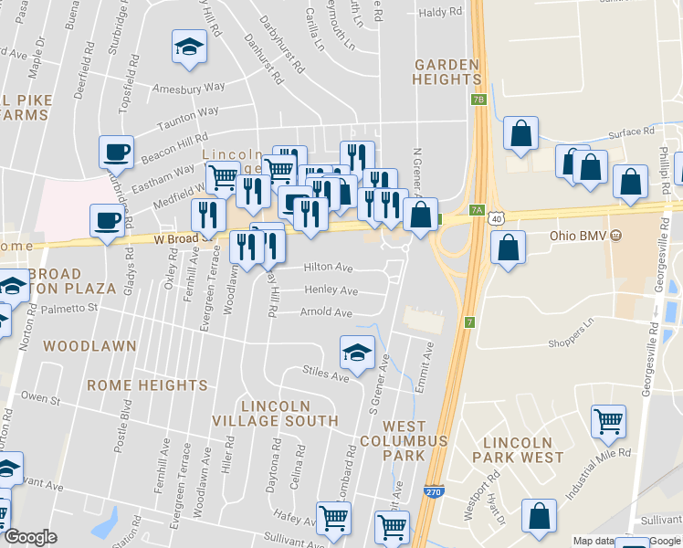 map of restaurants, bars, coffee shops, grocery stores, and more near 4660 Hilton Avenue in Columbus