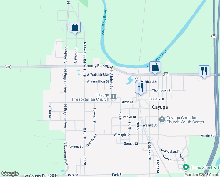map of restaurants, bars, coffee shops, grocery stores, and more near 237 North Albright Street in Cayuga