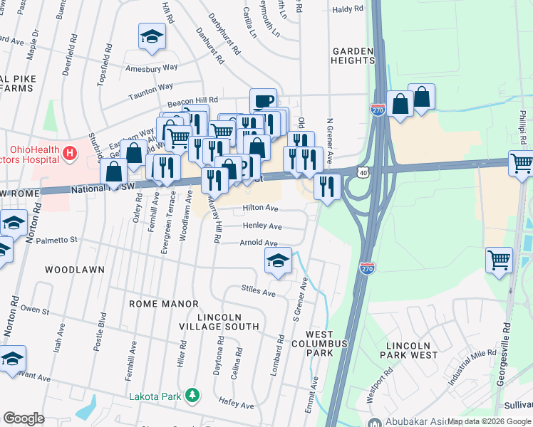 map of restaurants, bars, coffee shops, grocery stores, and more near 4677 Hilton Avenue in Columbus