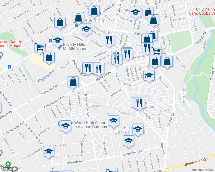 map of restaurants, bars, coffee shops, grocery stores, and more near 50 Gilpin Road in Upper Darby