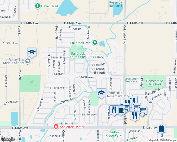 map of restaurants, bars, coffee shops, grocery stores, and more near 14052 Cook Street in Thornton