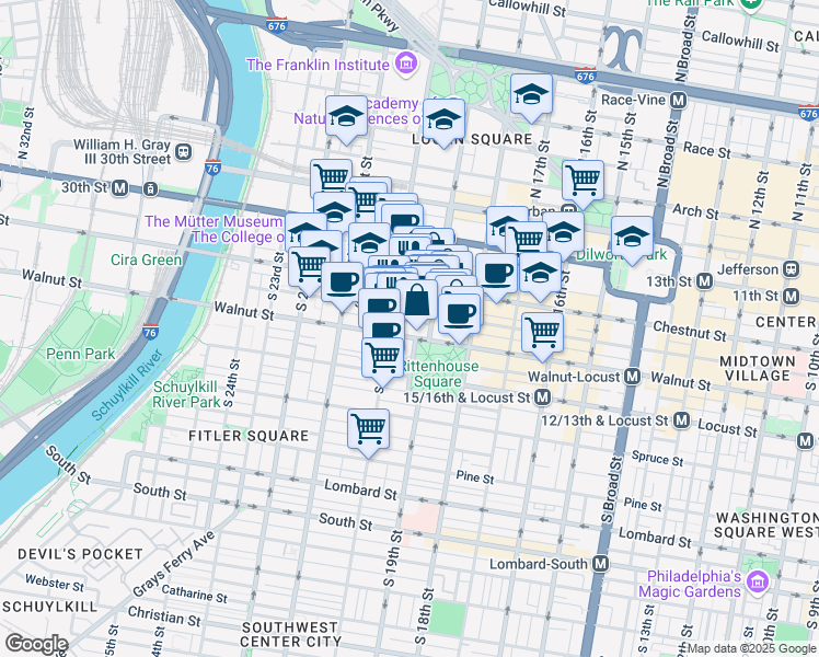 map of restaurants, bars, coffee shops, grocery stores, and more near 126 South 19th Street in Philadelphia