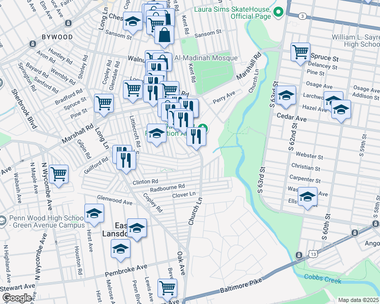 map of restaurants, bars, coffee shops, grocery stores, and more near 564 South 69th Street in Delaware County
