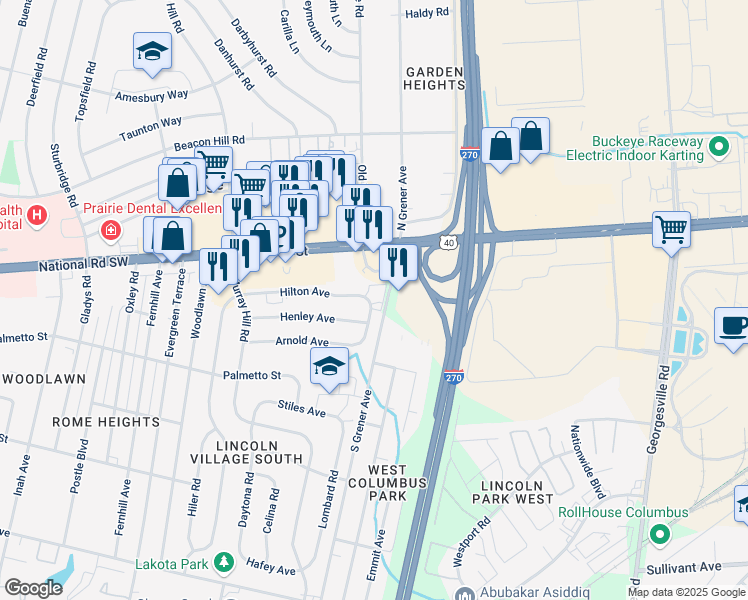 map of restaurants, bars, coffee shops, grocery stores, and more near 4550 Hilton Avenue in Columbus