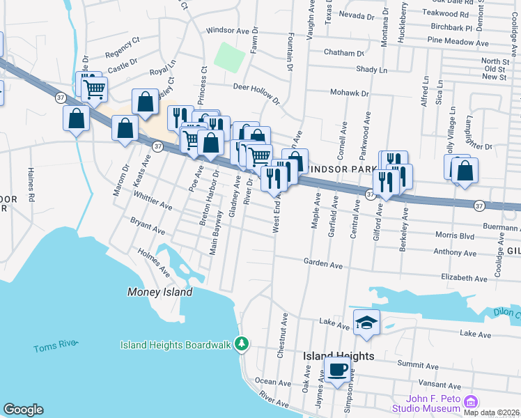 map of restaurants, bars, coffee shops, grocery stores, and more near 1640 Farragut Avenue in Toms River