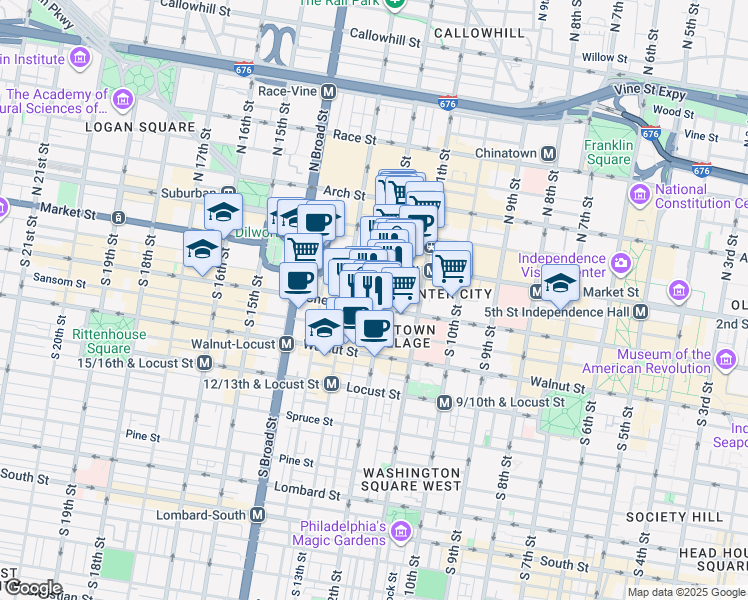 map of restaurants, bars, coffee shops, grocery stores, and more near 1207 Chestnut Street in Philadelphia