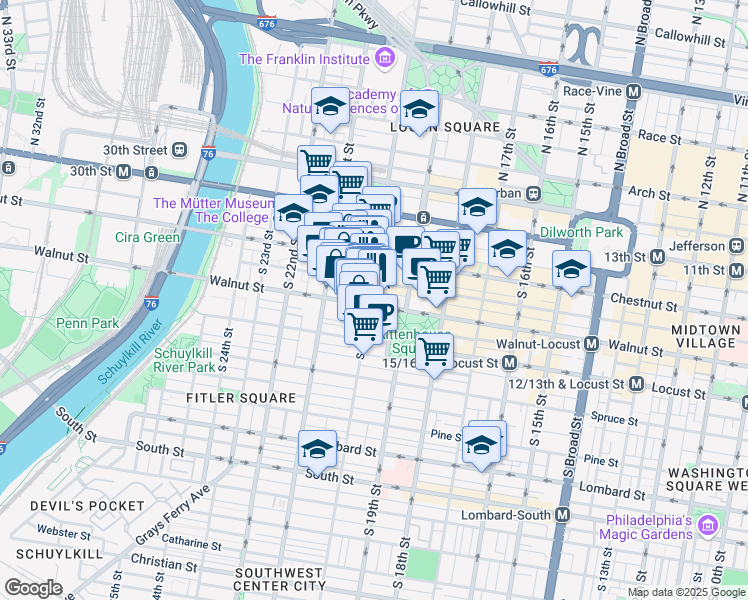 map of restaurants, bars, coffee shops, grocery stores, and more near 135 South 20th Street in Philadelphia