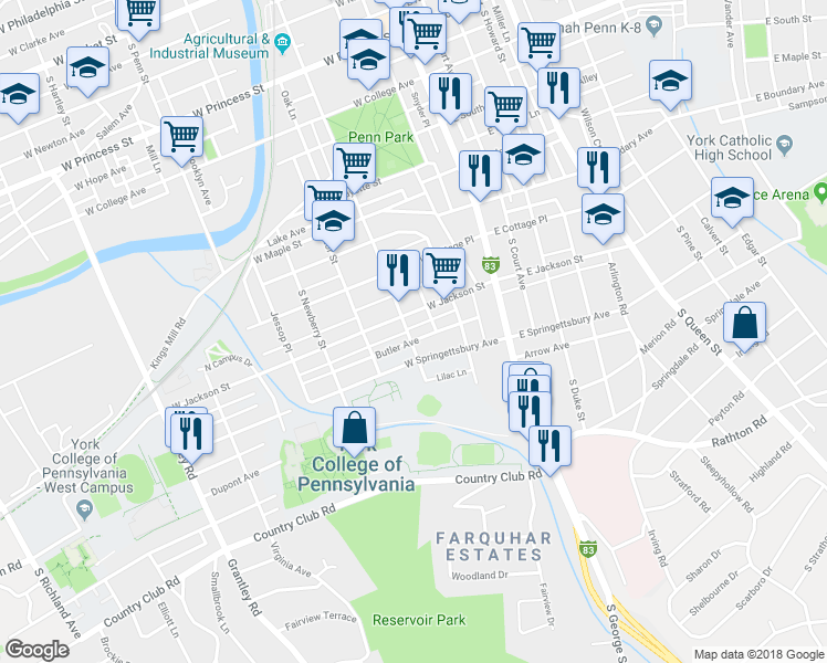 map of restaurants, bars, coffee shops, grocery stores, and more near 823 South Pershing Avenue in York