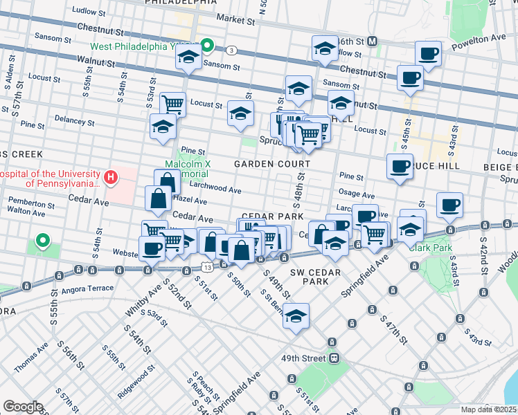 map of restaurants, bars, coffee shops, grocery stores, and more near 538 South 49th Street in Philadelphia