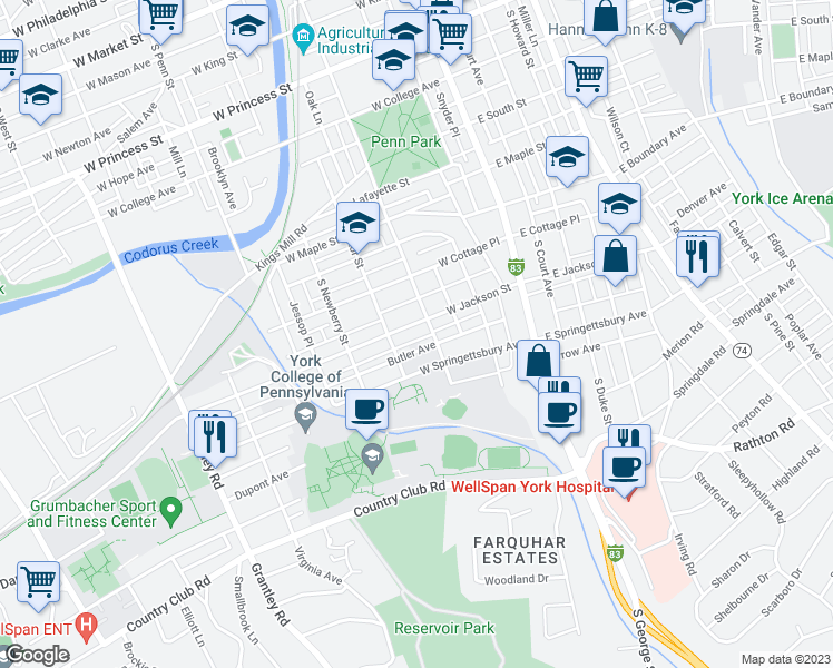 map of restaurants, bars, coffee shops, grocery stores, and more near 218 West Jackson Street in York