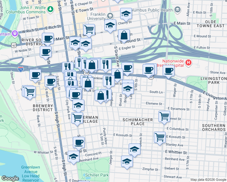 map of restaurants, bars, coffee shops, grocery stores, and more near 295 Berger Alley in Columbus