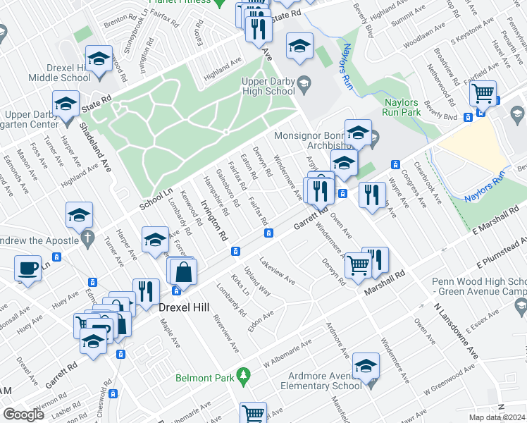 map of restaurants, bars, coffee shops, grocery stores, and more near 439 Fairfax Road in Drexel Hill