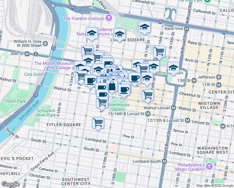 map of restaurants, bars, coffee shops, grocery stores, and more near 135 South 19th Street in Philadelphia