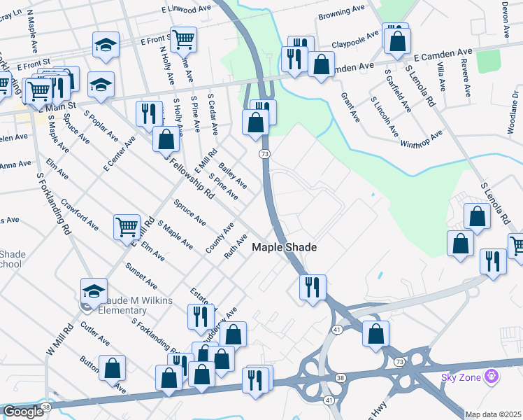 map of restaurants, bars, coffee shops, grocery stores, and more near 2931 New Jersey 73 in Maple Shade