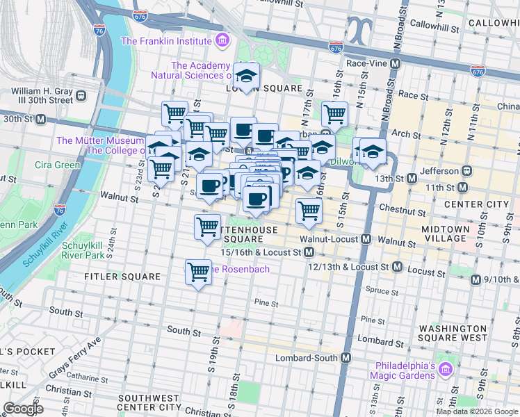 map of restaurants, bars, coffee shops, grocery stores, and more near 130 South 18th Street in Philadelphia