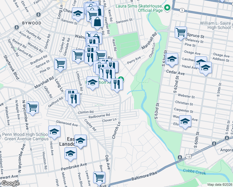 map of restaurants, bars, coffee shops, grocery stores, and more near 564 South 69th Street in Delaware County