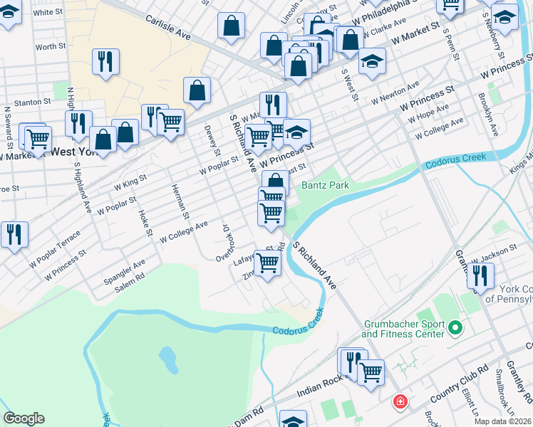 map of restaurants, bars, coffee shops, grocery stores, and more near 301 South Richland Avenue in York
