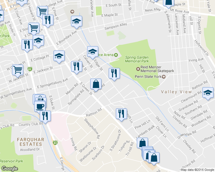 map of restaurants, bars, coffee shops, grocery stores, and more near 330 Irving Road in York