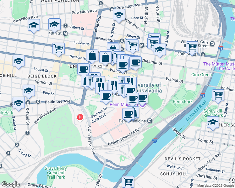 map of restaurants, bars, coffee shops, grocery stores, and more near Spruce Street in Philadelphia