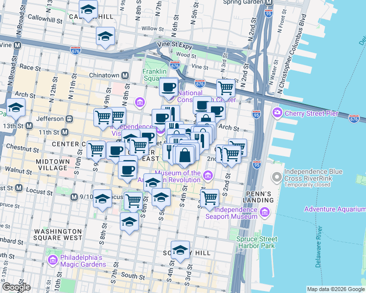 map of restaurants, bars, coffee shops, grocery stores, and more near in Philadelphia