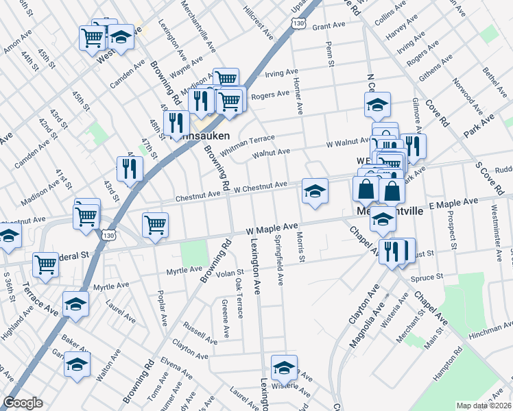 map of restaurants, bars, coffee shops, grocery stores, and more near 5 Lexington Avenue in Merchantville