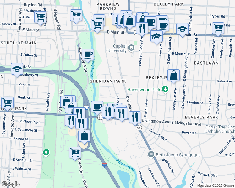 map of restaurants, bars, coffee shops, grocery stores, and more near 862 Sheridan Avenue in Columbus