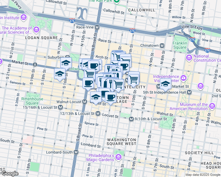 map of restaurants, bars, coffee shops, grocery stores, and more near 1207 Chestnut Street in Philadelphia