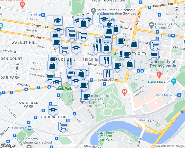 map of restaurants, bars, coffee shops, grocery stores, and more near 4016 Pine Street in Philadelphia