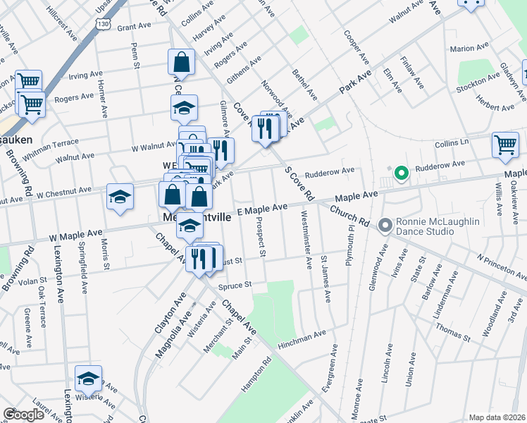 map of restaurants, bars, coffee shops, grocery stores, and more near in Merchantville